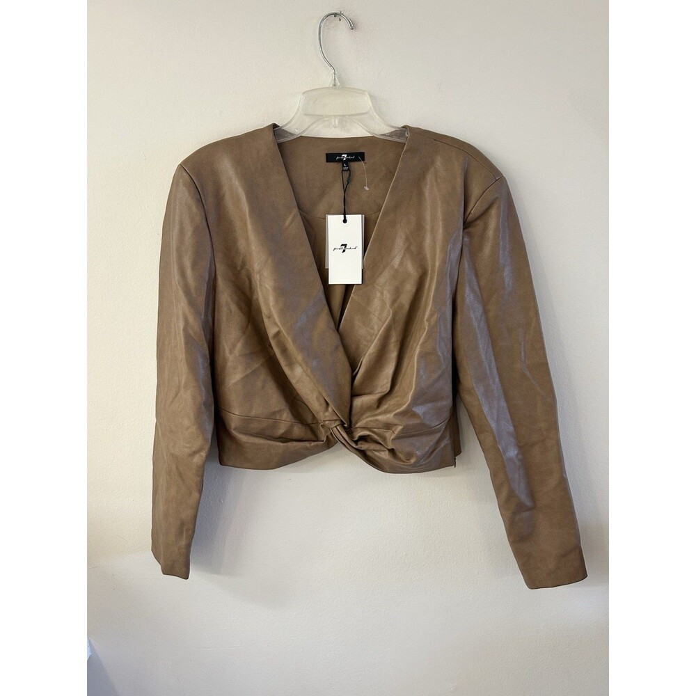 NEW! 7 For All Mankind Faux Leather Long Sleeve Twist Front Crop Top Size Large
